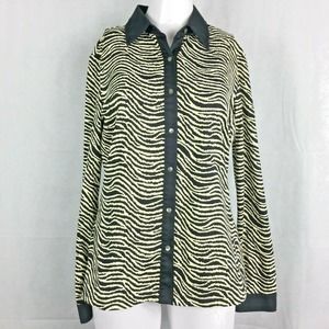 J. McLaughlin Shirt‎ Womens Sz M Black Beige Zebra Stretch Knit Button Up